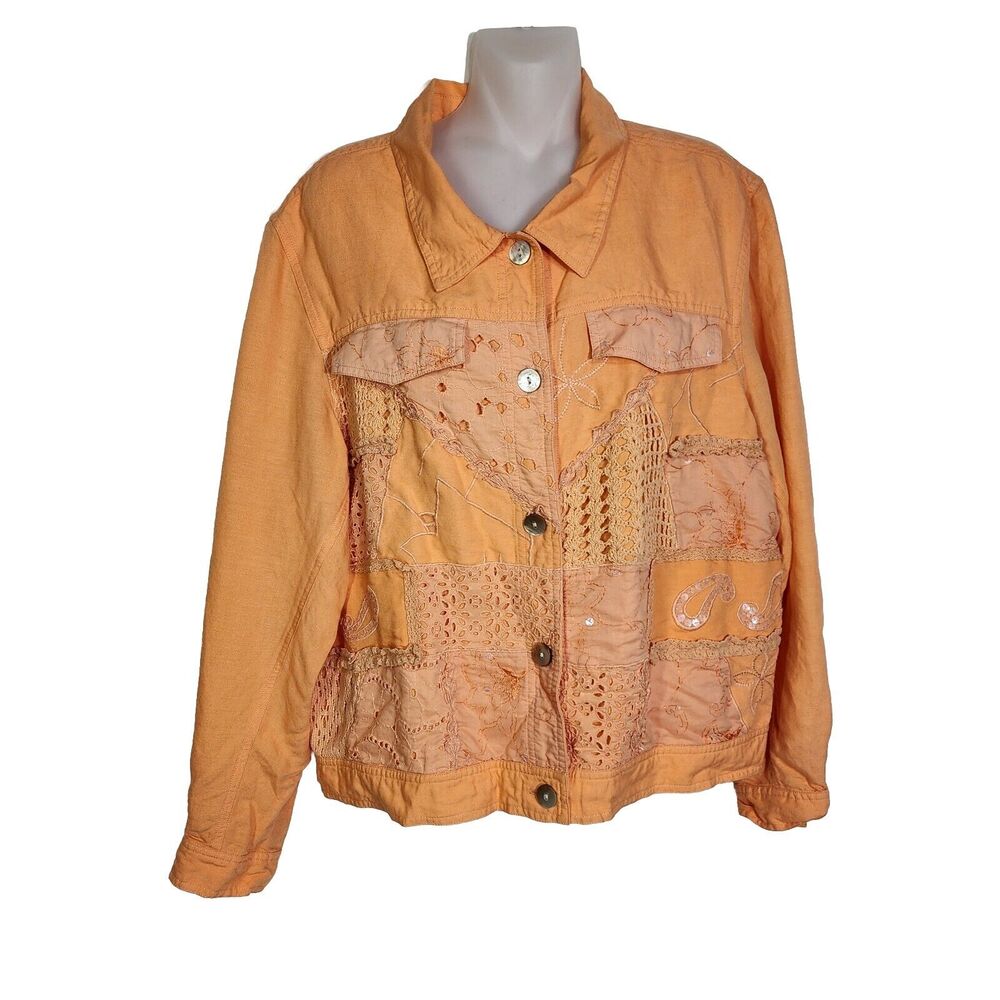 Coldwater Creek Womens Jacket XL Linen Orange Crochet Sequins Patchwork Button